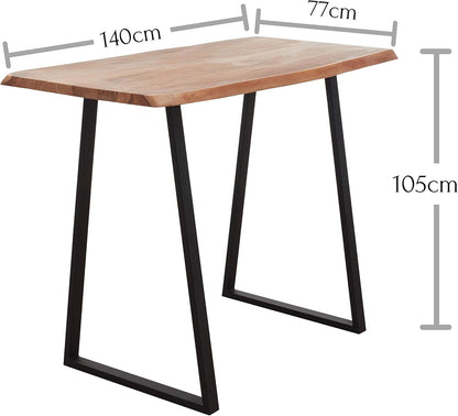 GOA natuurlijke bartafel, boomrand, massief hout, acacia, industriële stijl, hoge tafel voor keuken, woon- en eetkamer, 140 x 105 x 77 cm (b x h x d)