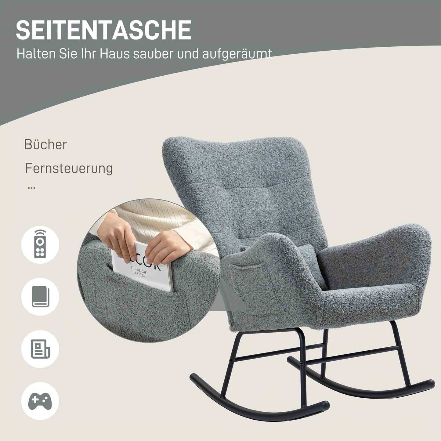Schommelstoel – Relaxstoel – Fauteuil – Voedingsstoel – Loungestoel – Teddy Stof Grijs – Met Lendenkussen & Zijvakken – Metalen Frame & Gewatteerde Armleuningen