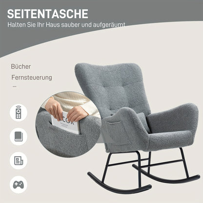 Schommelstoel – Relaxstoel – Fauteuil – Voedingsstoel – Loungestoel – Teddy Stof Grijs – Met Lendenkussen & Zijvakken – Metalen Frame & Gewatteerde Armleuningen