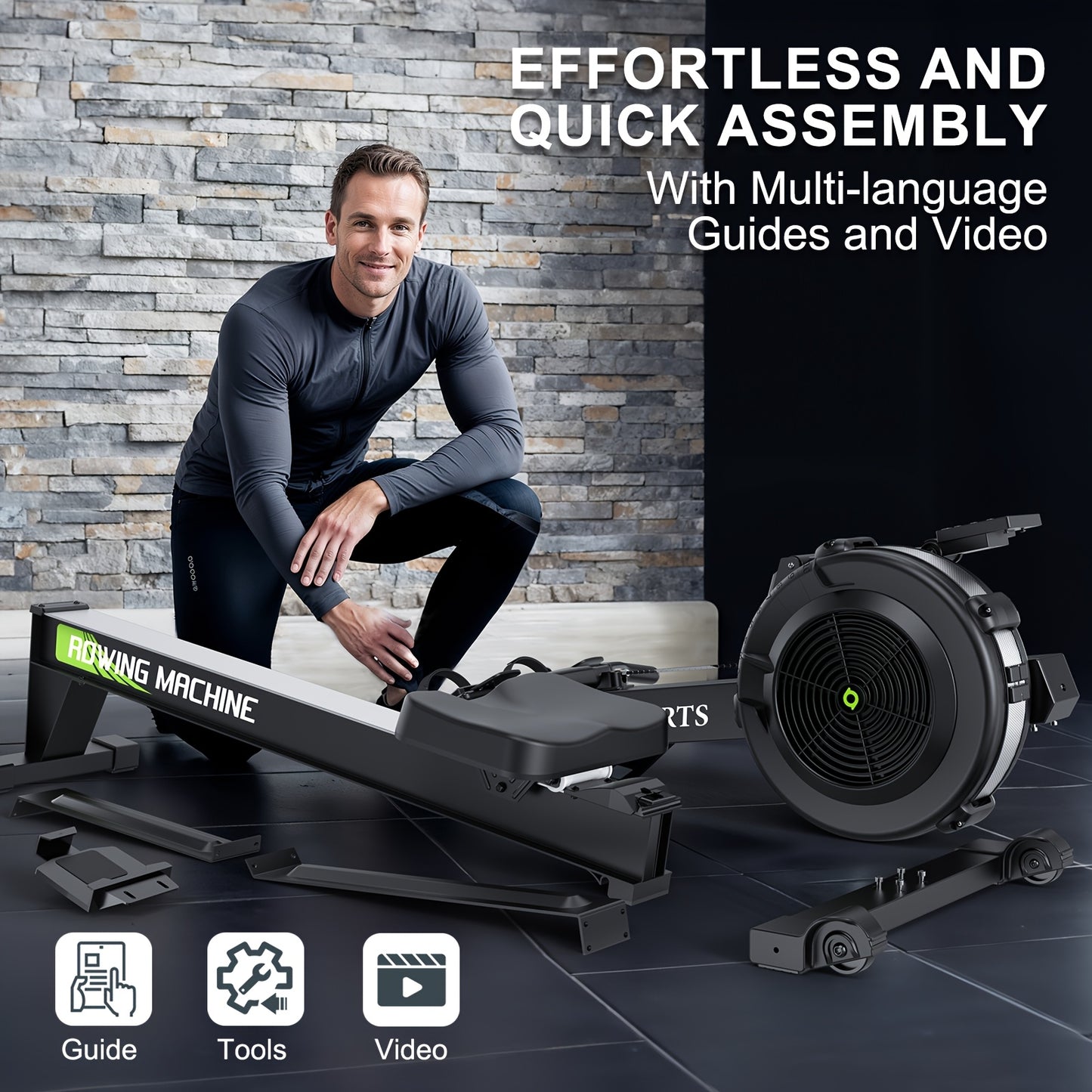 Roeimachine – Roeitrainer – Roeiapparaat – Fitness Roeimachine – Air Resistance Rowing Machine – 10 Weerstandsniveaus – Draadloos Smart Display – Inklapbaar – Max 160 kg Belastbaar