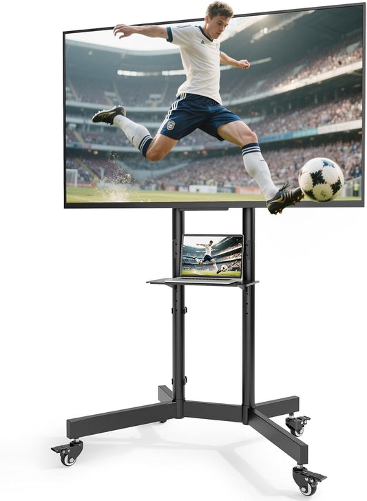In hoogte verstelbare mobiele tv-standaard oprolbaar voor 32-86 inch televisie, tot 90 kg draagvermogen, helling +5°/-10°, veiligheidsvergrendeling, met wielen en plank, max. VESA 600x400mm