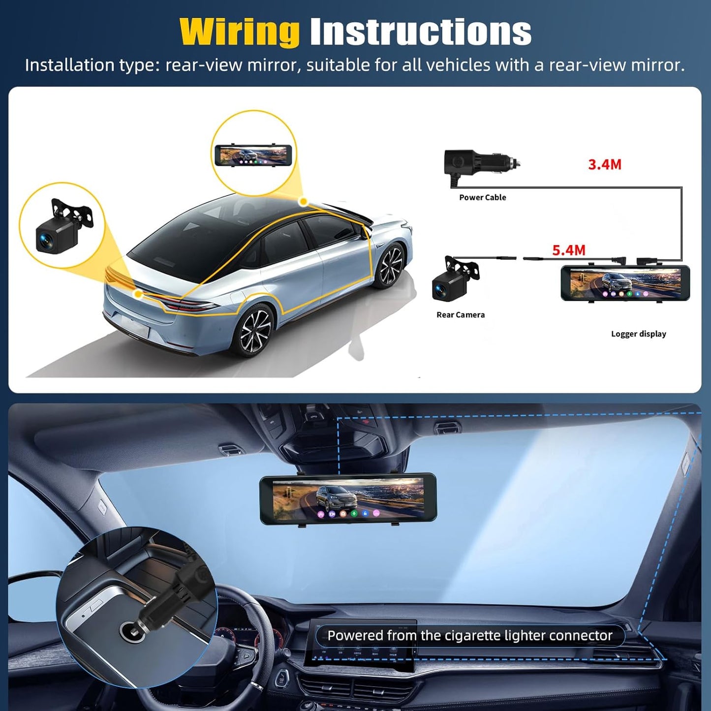 Spiegel Dashcam met Achteruitrijcamera – Dashcam, Autocamera, Spiegelcamera, Rijcamera – 10,88 Inch IPS-Touchscreen – 4K Voorcamera En 1080p Achtercamera