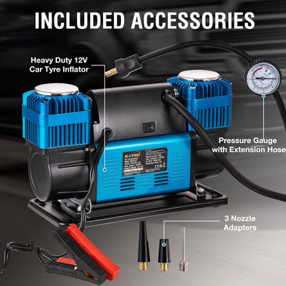 KATSU Tools Professionele auto-luchtcompressor, 2 cilinders, 150 psi, 12 V, 90 ampère, groot volume, draagbare luchtcompressor, bandenpomp voor 4WD auto, bestelwagen, trucks, fiets