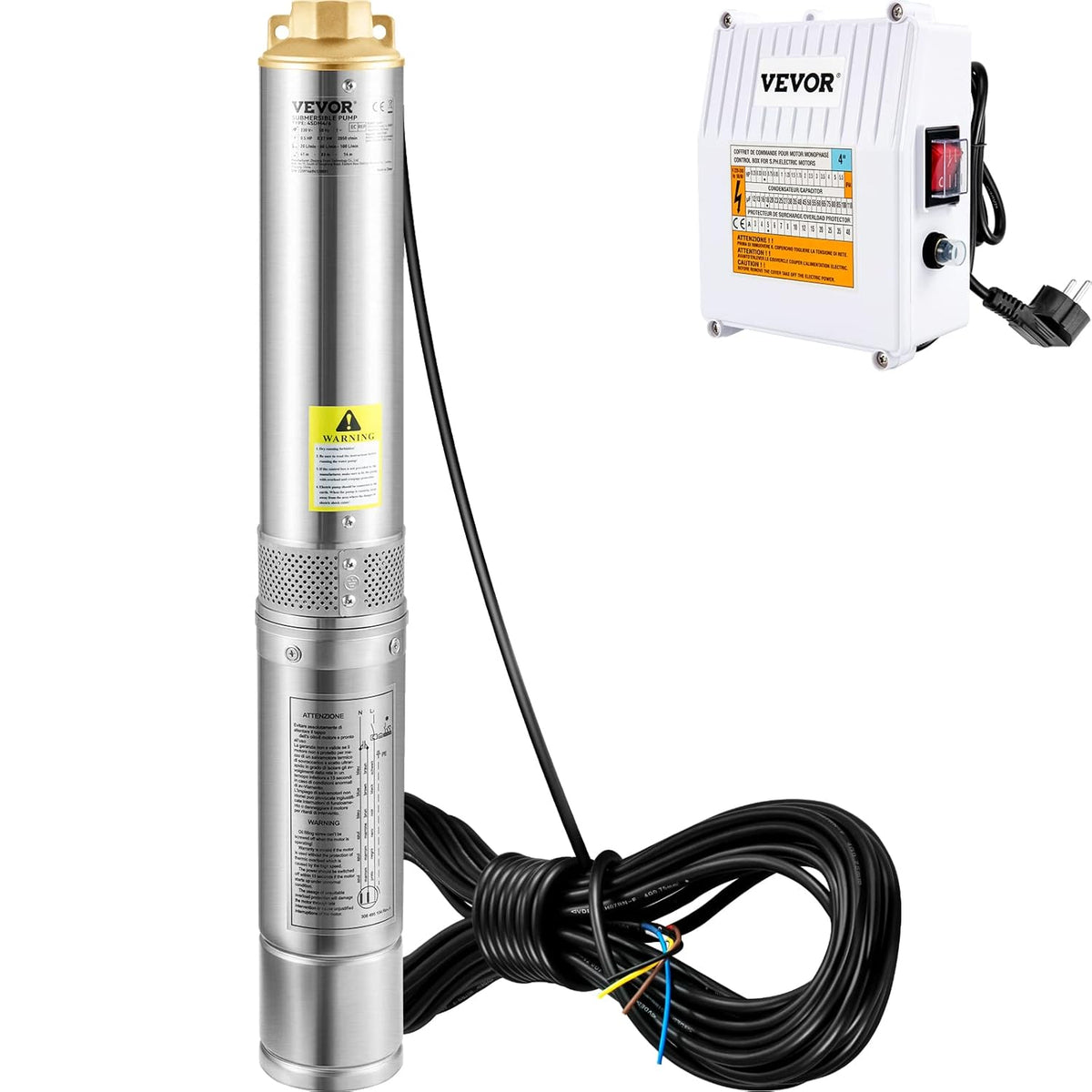 VEVOR Diepbronpomp motor met 370 W, dompelpomp voor fonteinen, 230 V, 50 Hz, dompelpomp voor fonteinen, maximale debiet van 110 l/min, met externe besturingsbox voor akkerland en mijnbouw