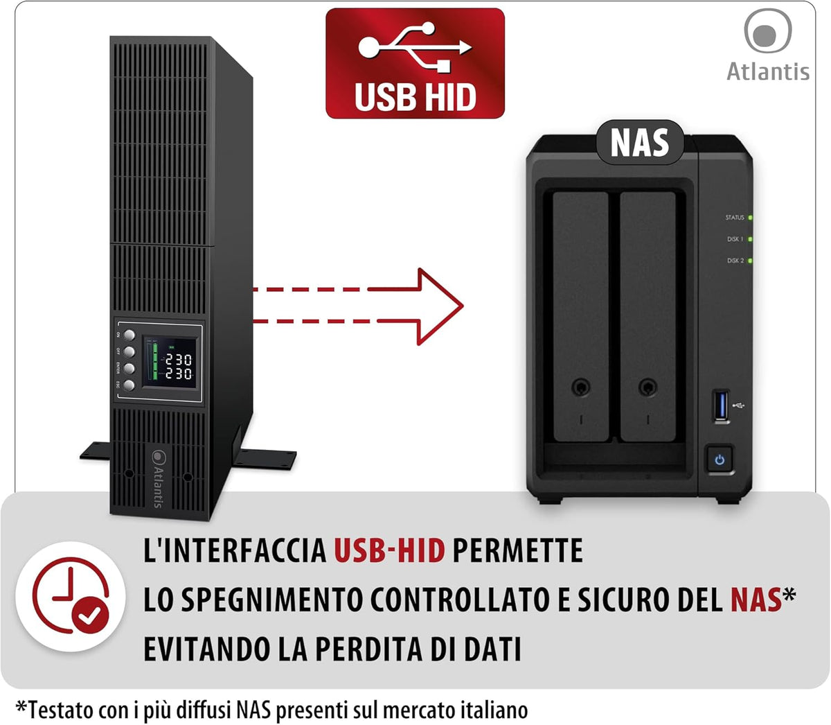 Atlantis A03-OP1302-RC UPS OnLine Online Online Onbreekbare zuivere sinusgolf 1300 VA 900 W, RACK-server, LCD-display, USB, serieel RS-232, 8 IEC-uitgangen, SNMP-sleuf, 2 x 12 V-9 Ah