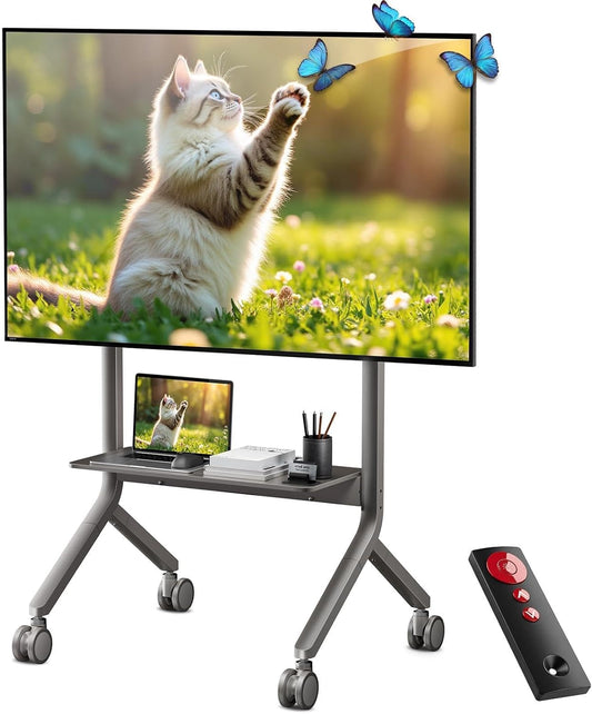 Gemotoriseerde mobiele tv-kar, elektrische hefstandaard voor 75-90 inch LCD OLED plat gebogen paneel scherm tv of smart board, belasting tot 150 lbs, Max VESA 900x600mm P150