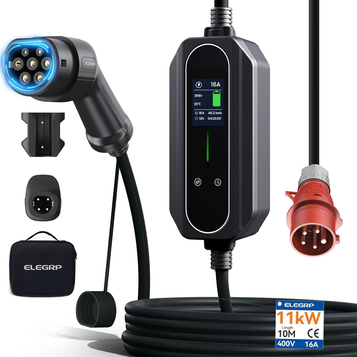 ELEGRP Wallbox 11 kW met oplaadkabel type 2, driefasige oplader voor elektrische voertuigen, instelbaar van 6 tot 16 A, 10 m kabel, IP67 waterdicht, mobiel laadstation IEC 62196-2.