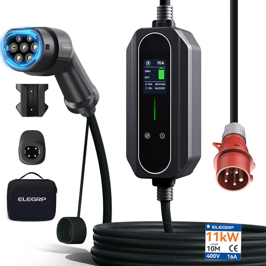 ELEGRP Wallbox 11 kW met oplaadkabel type 2, driefasige oplader voor elektrische voertuigen, instelbaar van 6 tot 16 A, 10 m kabel, IP67 waterdicht, mobiel laadstation IEC 62196-2.