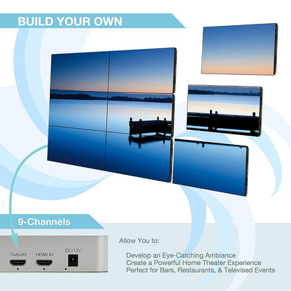 3x3 Videomuurcontroller met Media Player | 1080p, HDMI 1.4, compatibel met HDCP1.4 | 1 HDMI-ingang en 9 uitgangen | 1x2, 1x3, 1x4, 2x1, 2x2, 2x3, 2x4, 3x1, 3x2, 3x3, 4x1, 4x2