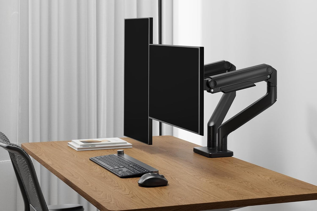 DIGITUS monitorbeugel – 2 schermen – tot 45 inch – draagvermogen 20 kg – mechanische veer – voor platte en gebogen monitoren – VESA 75x75 100x100 – draaien, zwenken, kantelen – zwart