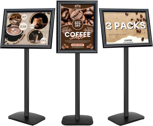 A3-displaystandaard – Posterstandaard – Bordstandaard – Menustandaard – Welkomstbordhouder – Set van 3 Stuks, Zwart – Verzwaarde Basis van 2,6 kg – Verstelbare Kijkhoek 180°/360°