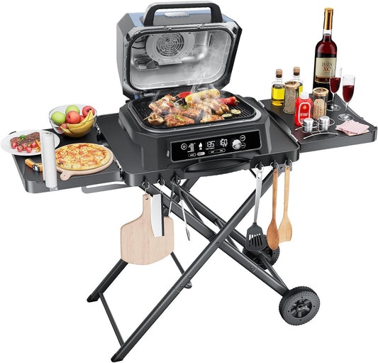GFTIME Draagbare grillwagen voor Weber, Ninja, Ooni, Blackstone, Nexgrill, Traeger en de meeste draagbare barbecues en pizzaovens, outdoor grillwagen met wielen, zijtafels en houder voor papieren