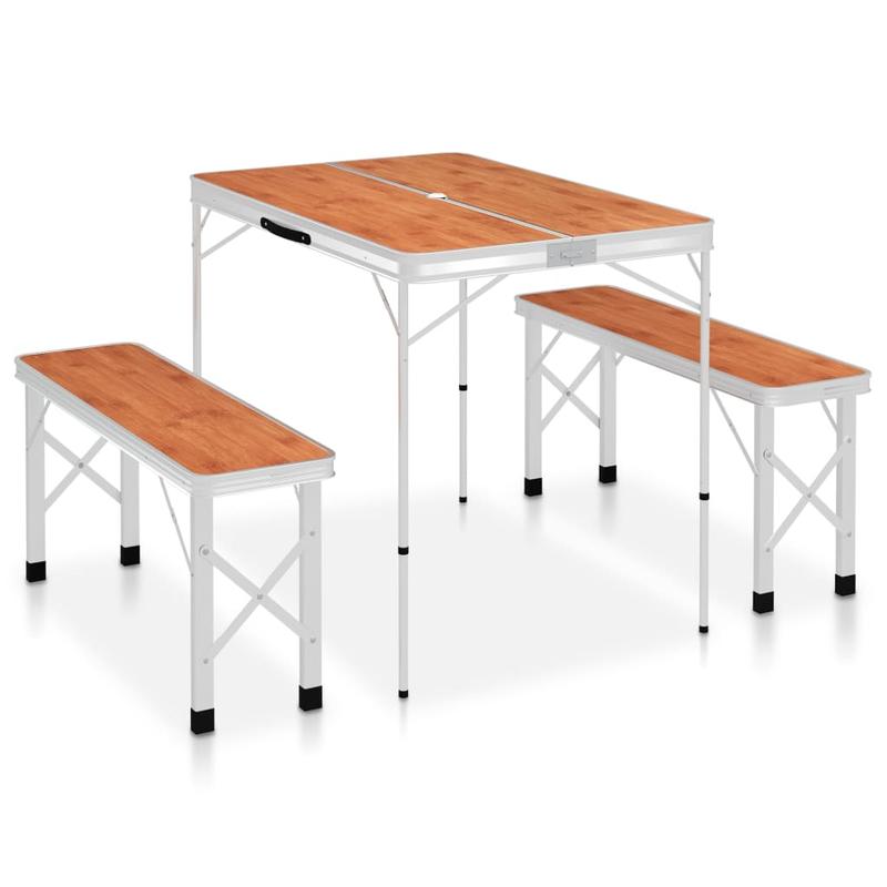 Inklapbare Campingtafel – Lichtgewicht Tafel – Compacte Tafel – Tafel Met Banken – Aluminium En MDF – Weerbestendig Design
