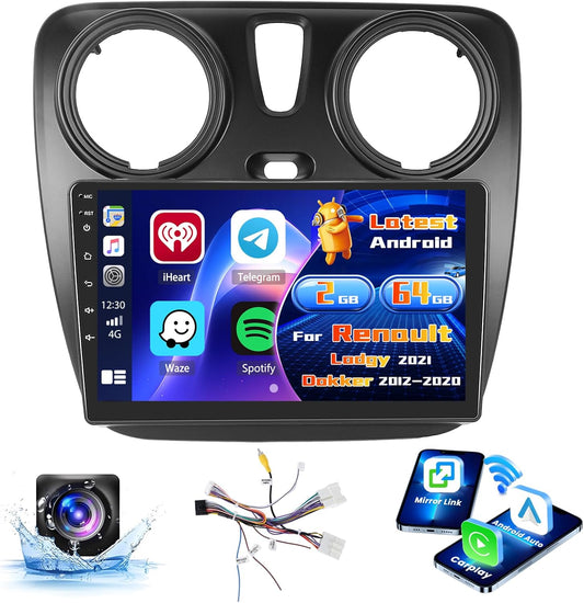 2+64G Radio voor Renault Lodgy 2021/Dokker 2012-2020 Android met Wireless CarPlay Android Auto, 9-inch auto scherm Bluetooth WIFI 26UI GPS FM EQ SWC AHD Achteruitrijcamera