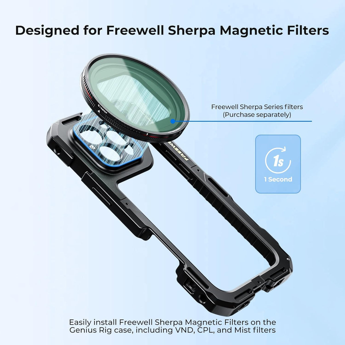 Freewell Genius Rig Cage voor iPhone 16 Pro Max - gereedschapsvrije installatie, multifunctioneel statief en monopod handgrepen, Bluetooth-afstandsbediening