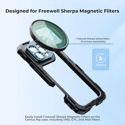 Freewell Genius Rig Cage voor iPhone 16 Pro Max - gereedschapsvrije installatie, multifunctioneel statief en monopod handgrepen, Bluetooth-afstandsbediening