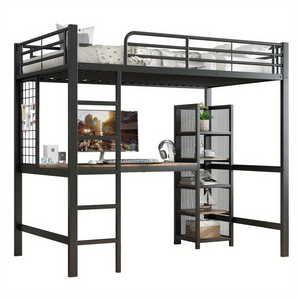 Hoogslaper – Loftbed – Kinderbed – Stapelbed – Eenpersoonsbed – Metaal & Donker Hout – 90x200 cm – Met Bureau en Opbergruimte