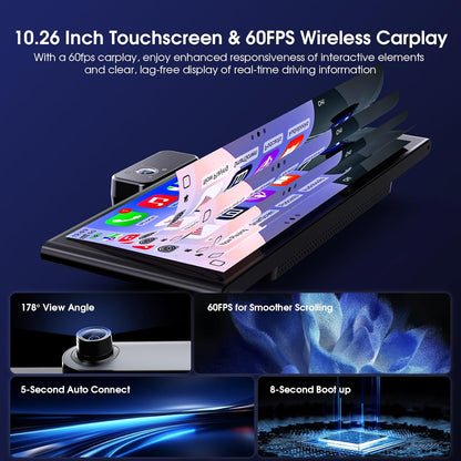 9,26 inch Wireless Apple-CarPlay met 60 fps scherm, Android Auto, met 3 camera's (Front Dash Cam, Rear, Intemal), Portable CarPlay met OTA/GPS-navigatie/Mirror Link/Spraakbediening/Bluetooth/AUX/FM