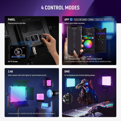 NEEWER 2-pack PL60C RGB videolamp LED-paneel continu licht set met 2 m licht statief/tas APP/2,4 G/DMX besturing 60W 23000Lux/0,5 m 2500K-10000K 18 scènes RGBCW Pro fotografie studioverlichting