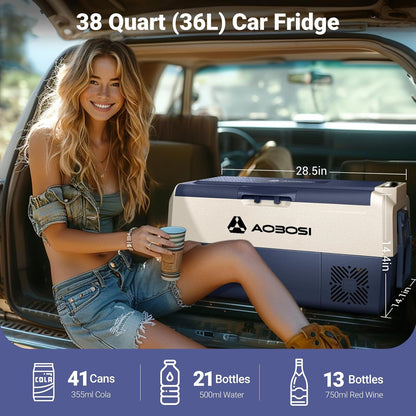AAOBOSI Compressor-koelbox, 36 l, koelbox auto met wifi-app-bediening, 12/24 V en 100-240 V, elektrische koelbox, tot -20 °C, voor auto, vrachtwagen, boot, camper, camping, afzonderlijke zone
