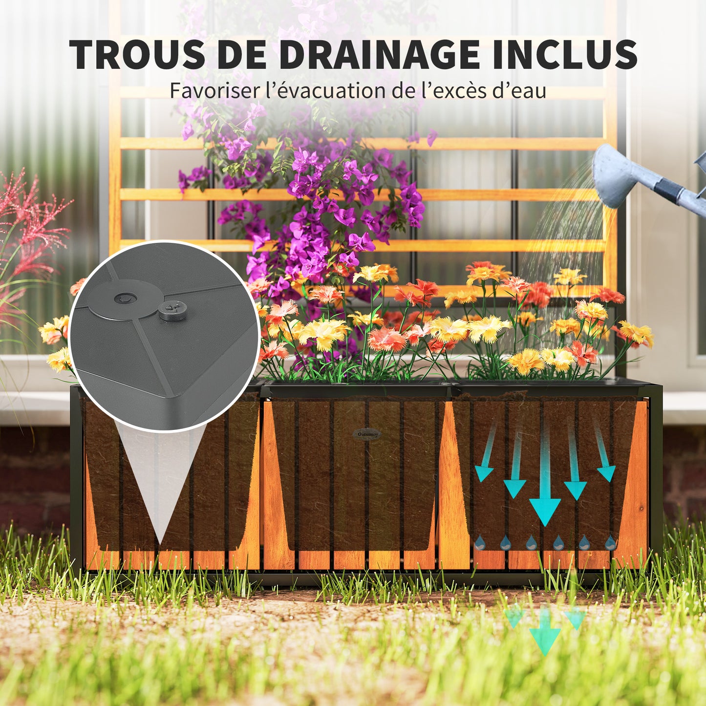 Verhoogde Plantenbak – Tuinbak – Bloembak – Plantenbak Met Klimrek – Balkonbak – Acaciahout En Staal – Drie Plantenvakken Met Drainage – Verstelbare Voeten 74x27x131 cm Teak