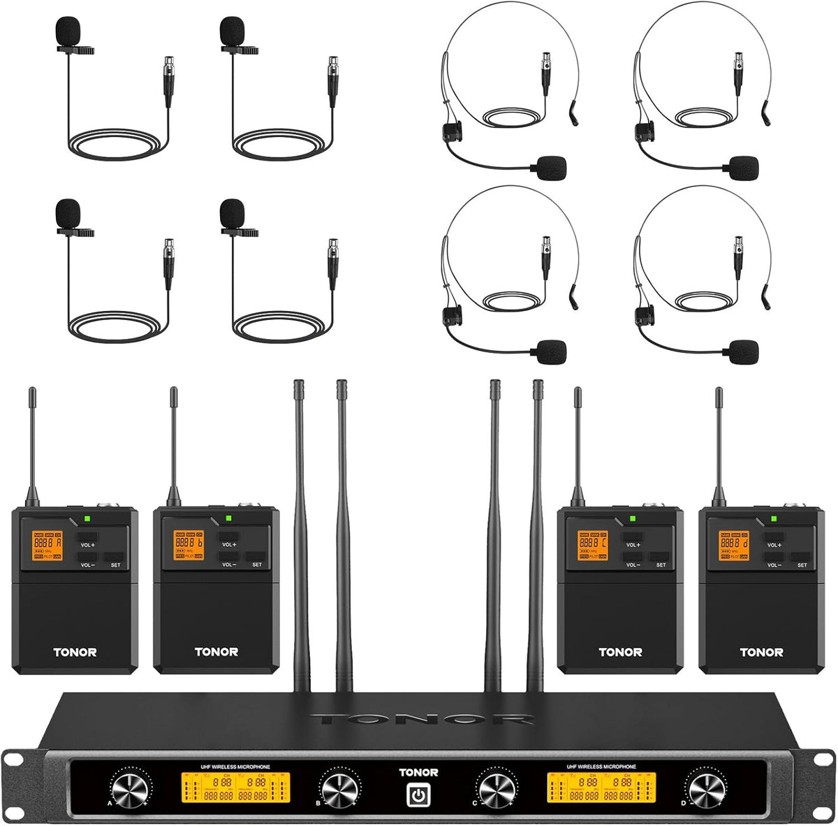 UHF Draadloos Microfoonsysteem Met Headset En Lavalier Microfoons – Draadloze Microfoonset – Headset Microfoon – Lavalier Microfoon – Bodypack Zender – Tot 90 Meter Bereik – 20 Instelbare Frequenties