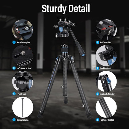 SIRUI Traveler X lichtgewicht koolstofvezel statief met panoramische videokop, 151,9 cm compact camerastatief met snelle pootinstelling, maximale belasting 11 pond (vloeistofkop/AT-10)
