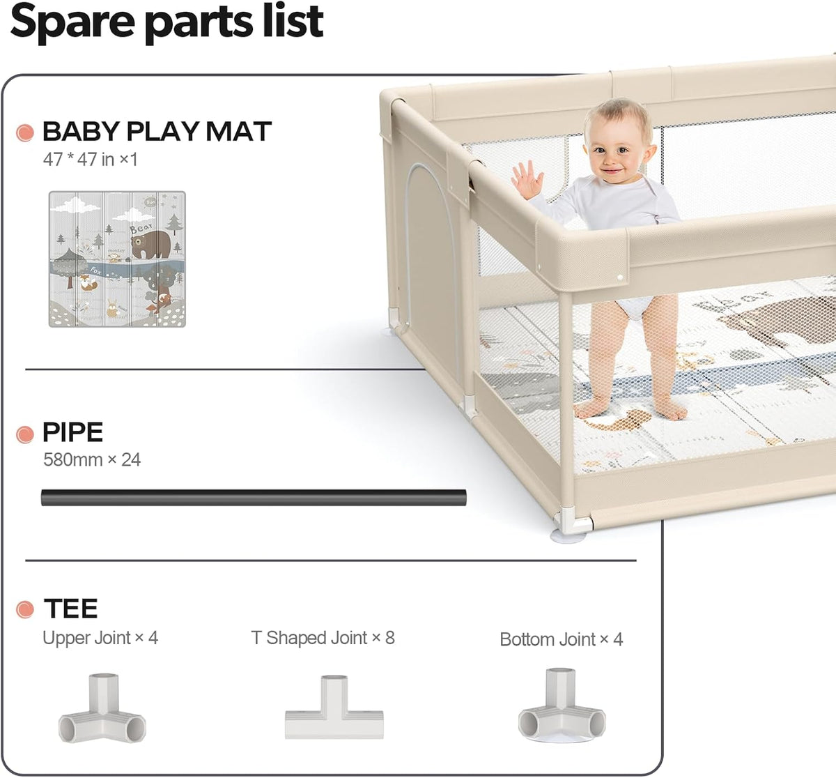 Fodoss Baby Playpen, 120 x 120 cm, Modular and Foldable, Beige with Children's Design, This Large Playpen is Perfect for Home, Beige - QUORE