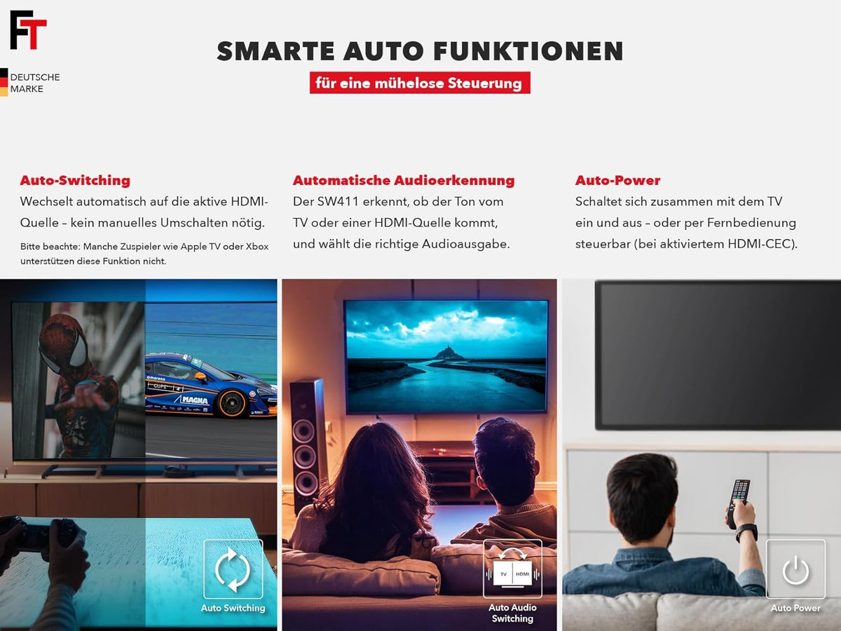 FeinTech SW411 HDMI 2.1 Switch 4-in-1 Out met audio-extractor voor geluidssystemen met HDMI-, Toslink- en AUX-ingang, ondersteunt 4K 120Hz & 8K
