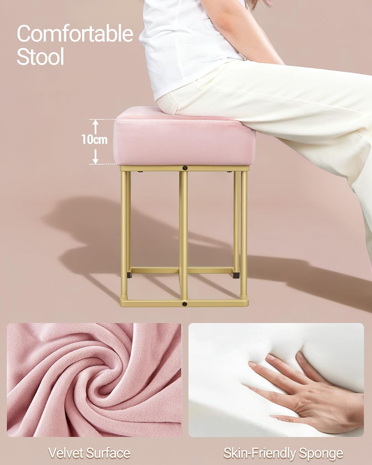 Hzuaneri Dressing Table with Stool and Lighting,Dressing Table with Mirror,40×90×140CM,Dressing Table with Drawers,Pink Upholstered Stool,Bedroom,Modern,Matte White and Gold,DT42403XEU