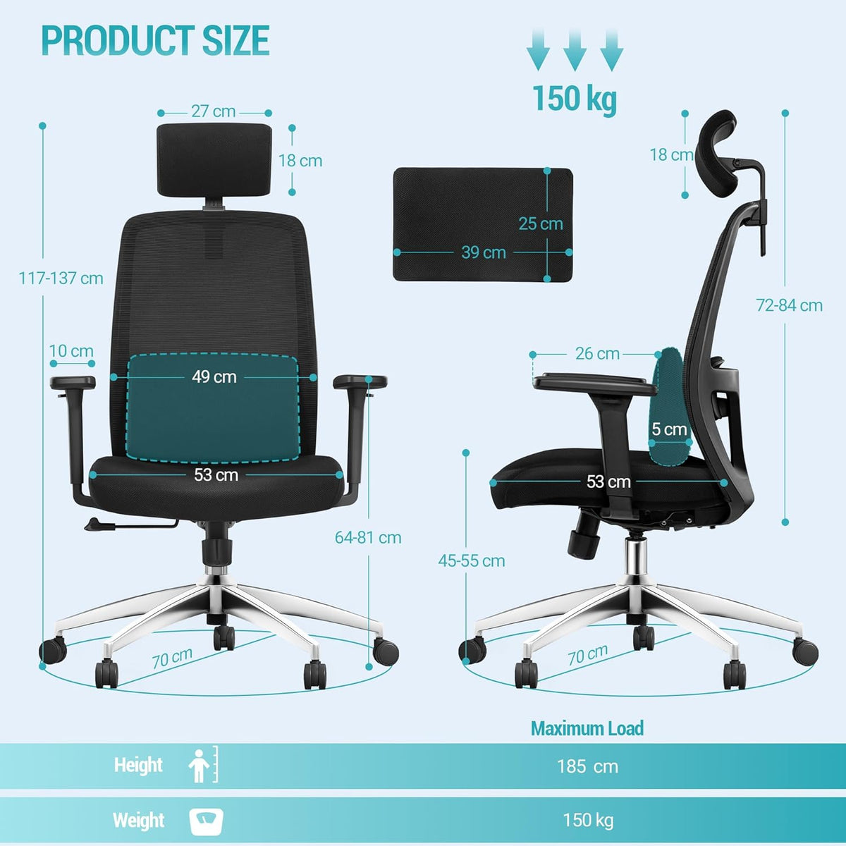 Hzuaneri Ergonomic Office Chair, Computer Chair, Gaming Chair, Mesh Chair, Adjustable Lumbar Support and Headrest, Maximum Load Capacity r150kg, Height Adjustable, Black ON00199B