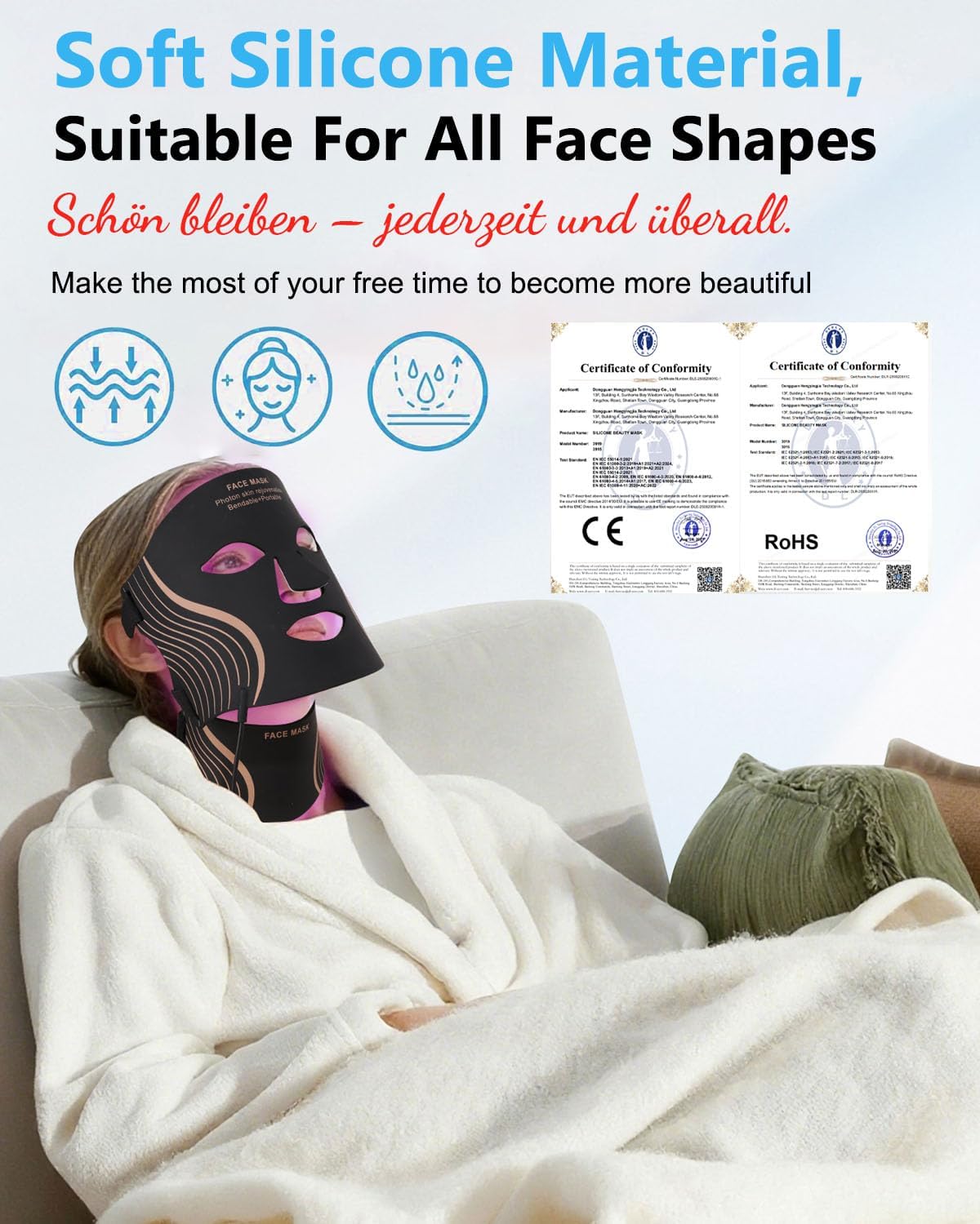 LED-Lichttherapiemasker – Gezichts- En Nekmasker – LED-Masker – Rood Licht Masker – Huidverzorgingsmasker – 7 Lichtstanden – Draadloos USB-C Oplaadbaar