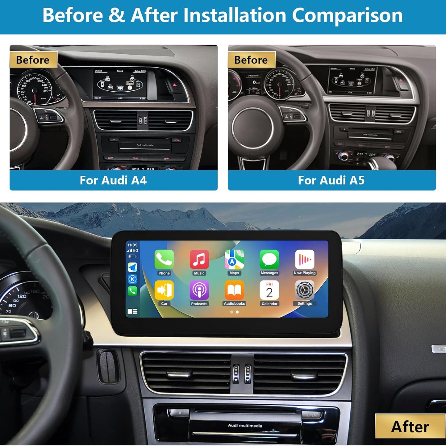 Ninetom 12.3'' Car Radio Touch Screen with Wireless Carplay and Android Car for 2009-2015 Audi A4 A5 S4 S5 with 3G MMI+ System, Supports Mirrorlink, Camera, Navigation - QUORE
