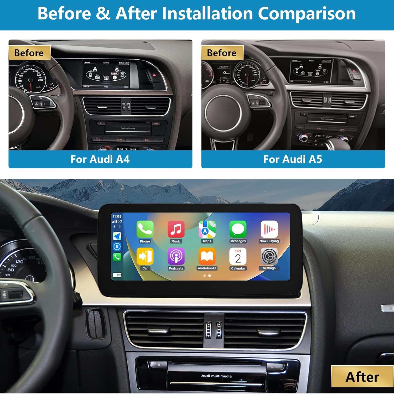 Ninetom 12.3'' Car Radio Touch Screen with Wireless Carplay and Android Car for 2009-2015 Audi A4 A5 S4 S5 with 3G MMI+ System, Supports Mirrorlink, Camera, Navigation - QUORE