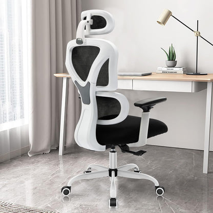 KERDOM KD9070 Bureaustoel Ergonomische bureaustoel met verstelbare hoofdsteun Armleuningen Lendensteun tegen rugpijn Bureaustoel 150kg/330LB laadbalk,55 * 25 * 55,wit