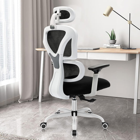 KERDOM KD9070 Bureaustoel Ergonomische bureaustoel met verstelbare hoofdsteun Armleuningen Lendensteun tegen rugpijn Bureaustoel 150kg/330LB laadbalk,55 * 25 * 55,wit