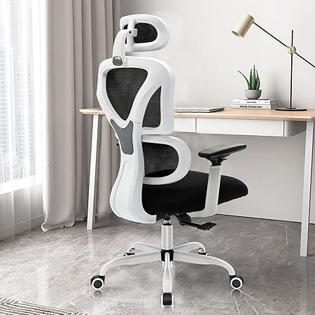 KERDOM KD9070 Office Chair Ergonomic Office Chair with Adjustable Headrest Armrests Lumbar Support Against Back Pain Office Chair 150kg/330LB Load Bar,55 * 25 * 55,White - QUORE