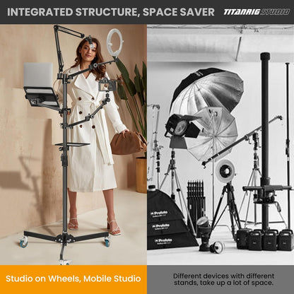 Mobiele Streamingstandaard – Vloerstandaard op Wielen – Vloerstatief – Camerastandaard – Microfoonstandaard – 5-In-1 Modulaire Studio-opstelling – 155 cm Hoog, 3 Vergrendelbare Wielen