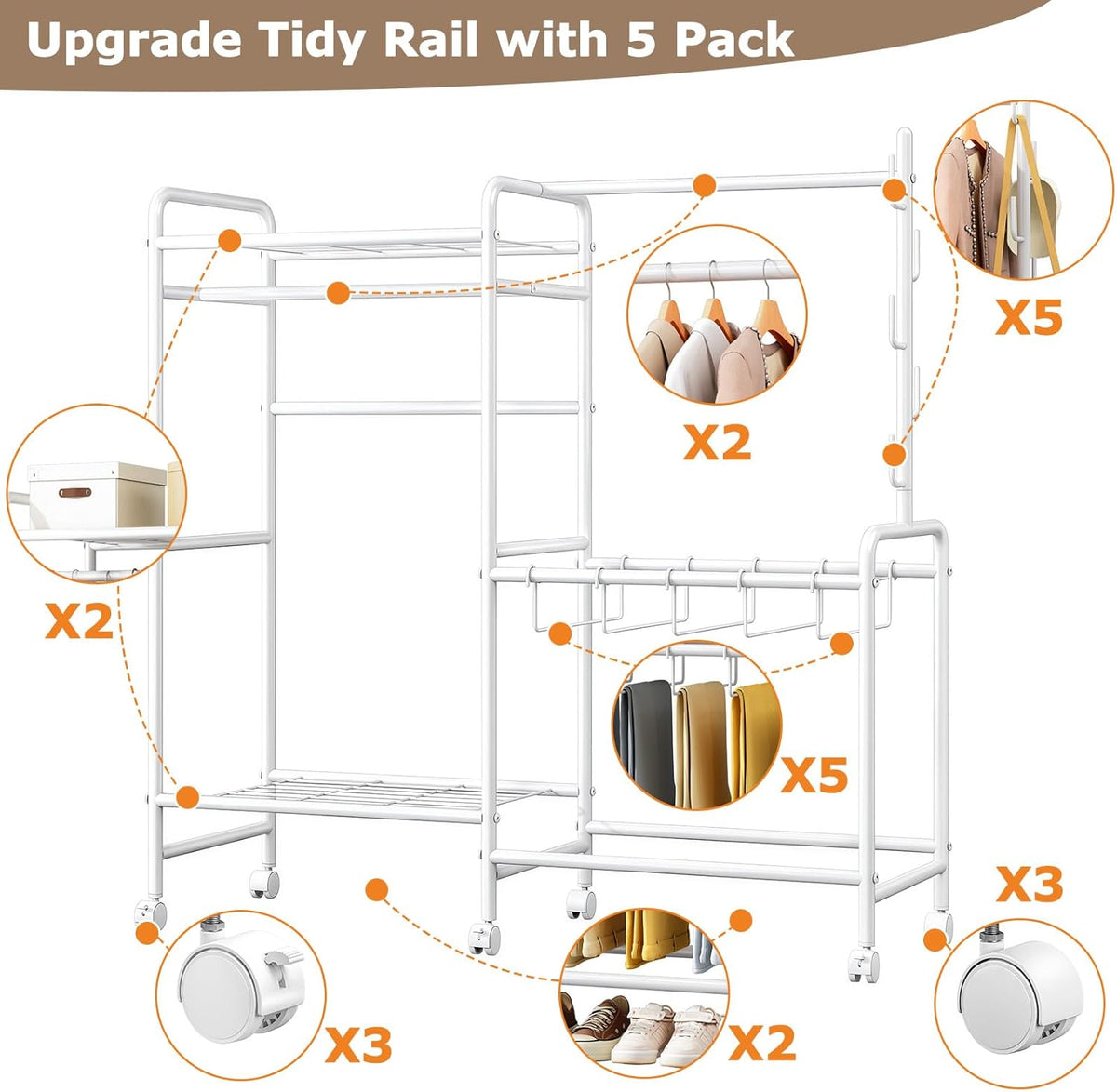 Heavy Duty kledingstang met wielen, 125 kg metalen kledingrek met broekenrek, bovenste plank, 4 haken en 5 broekhangers, stevige kledingkast kledingstang voor slaapkamer, hal, winkel, wit