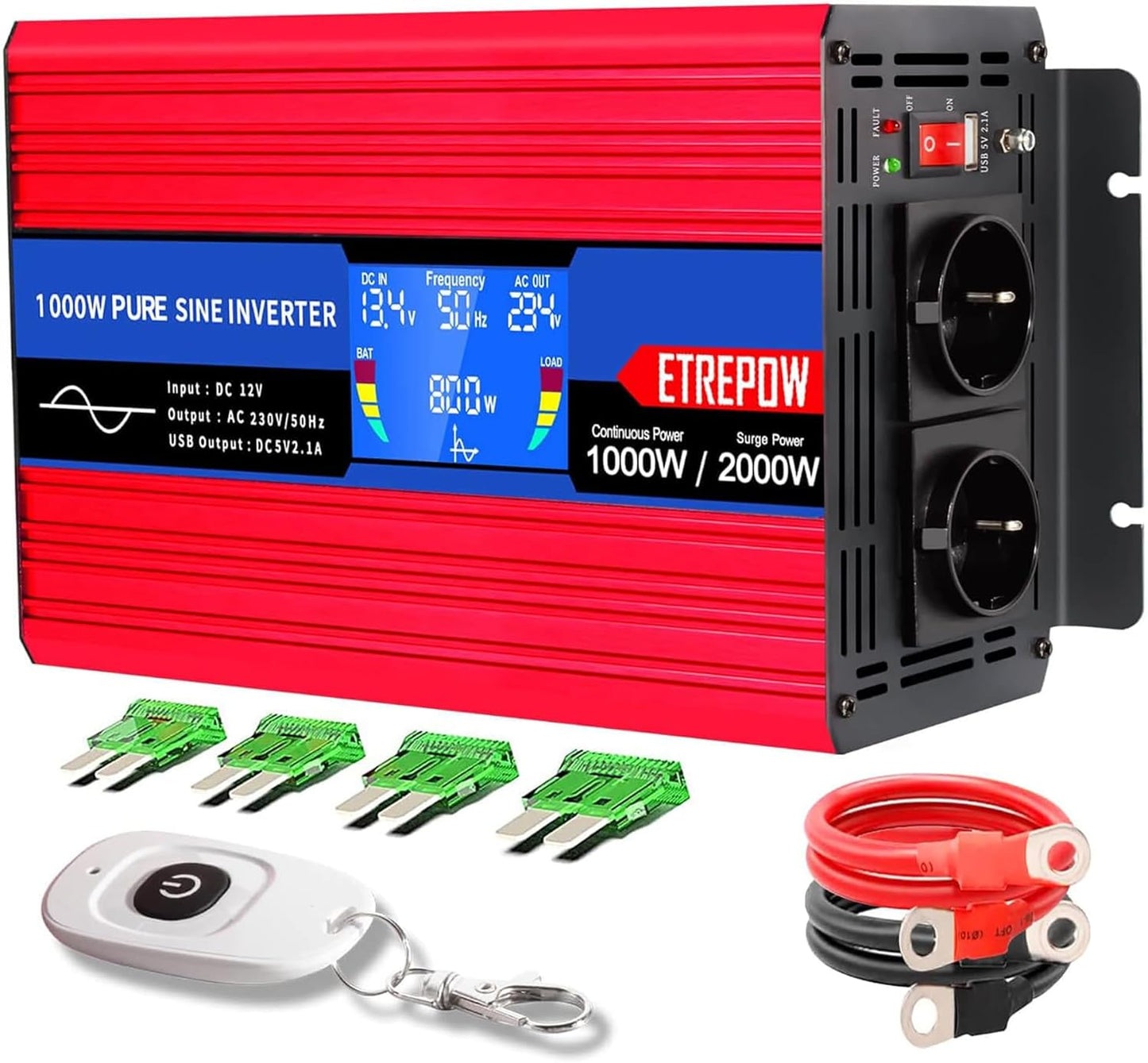 1000w/2000W Omvormer Zuivere Sinus Spanningsomvormer 12v 230v Stroomomvormers met 2 EU-stopcontact en 1 USB-poort, Draadloze Afstandsbediening, LCD-Scherm