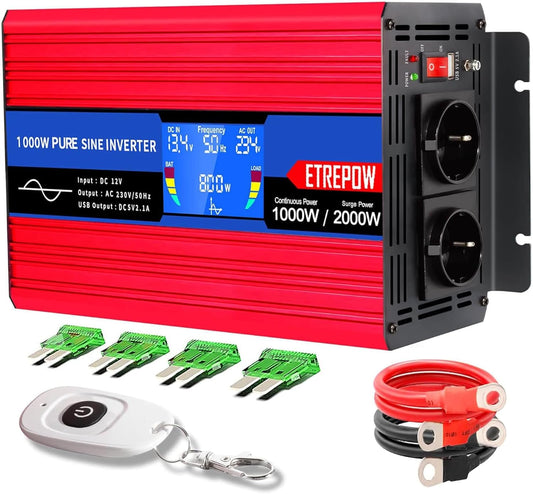 1000w/2000W Omvormer Zuivere Sinus Spanningsomvormer 12v 230v Stroomomvormers met 2 EU-stopcontact en 1 USB-poort, Draadloze Afstandsbediening, LCD-Scherm