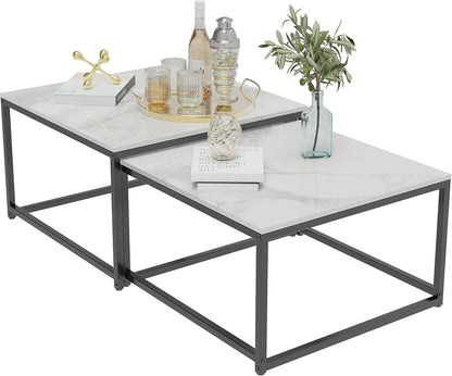 Witte marmeren bovenblad tafels vierkante salontafel - nesttafels set van 2 gesinterde steen met zwart metalen frame, woonkamer appartement hotel kantoor