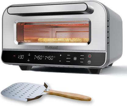 Elektrische pizzaoven met pizzasteen en pizzaschep – 450 °C voor knapperige steenovenpizza in 2 minuten – 1700 W, timer, binnenverlichting en kijkvenster – professionele pizzamaker. (GRIJS)