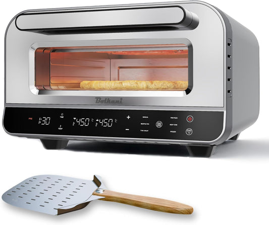 Elektrische pizzaoven met pizzasteen en pizzaschep – 450 °C voor knapperige steenovenpizza in 2 minuten – 1700 W, timer, binnenverlichting en kijkvenster – professionele pizzamaker. (GRIJS)
