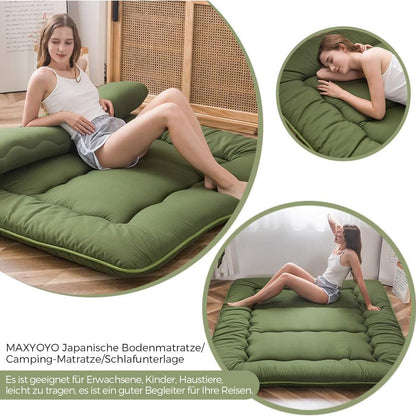 MAXYOYO Japanese Futon Floor Mattress, Thicken Tatami Mat, Sleeping Mat, Folding Roll Up Dormitory Reclining Lounger, Cushion Bed (Green, Double)