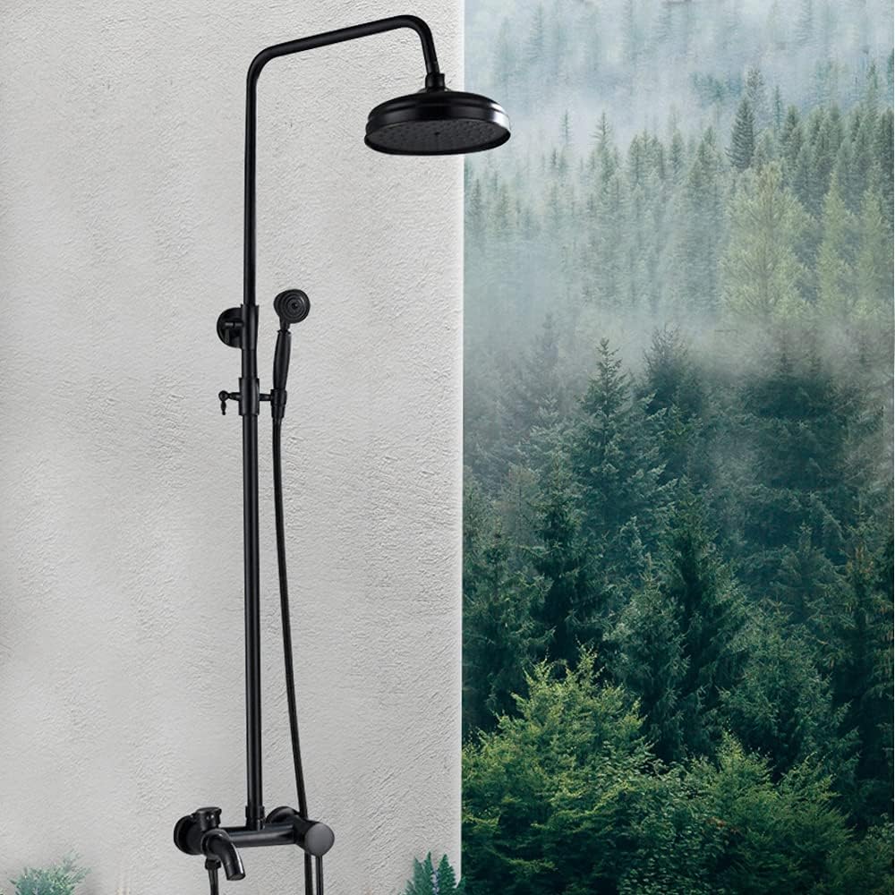 Rain Shower, Shower System, Shower Fixture, Rain Shower Set, Antique Nostalgia with Hand Shower, Wall Mounted Shower, Complete Stainless Steel, Massage Shower Panel, Retro, Round, Black - QUORE