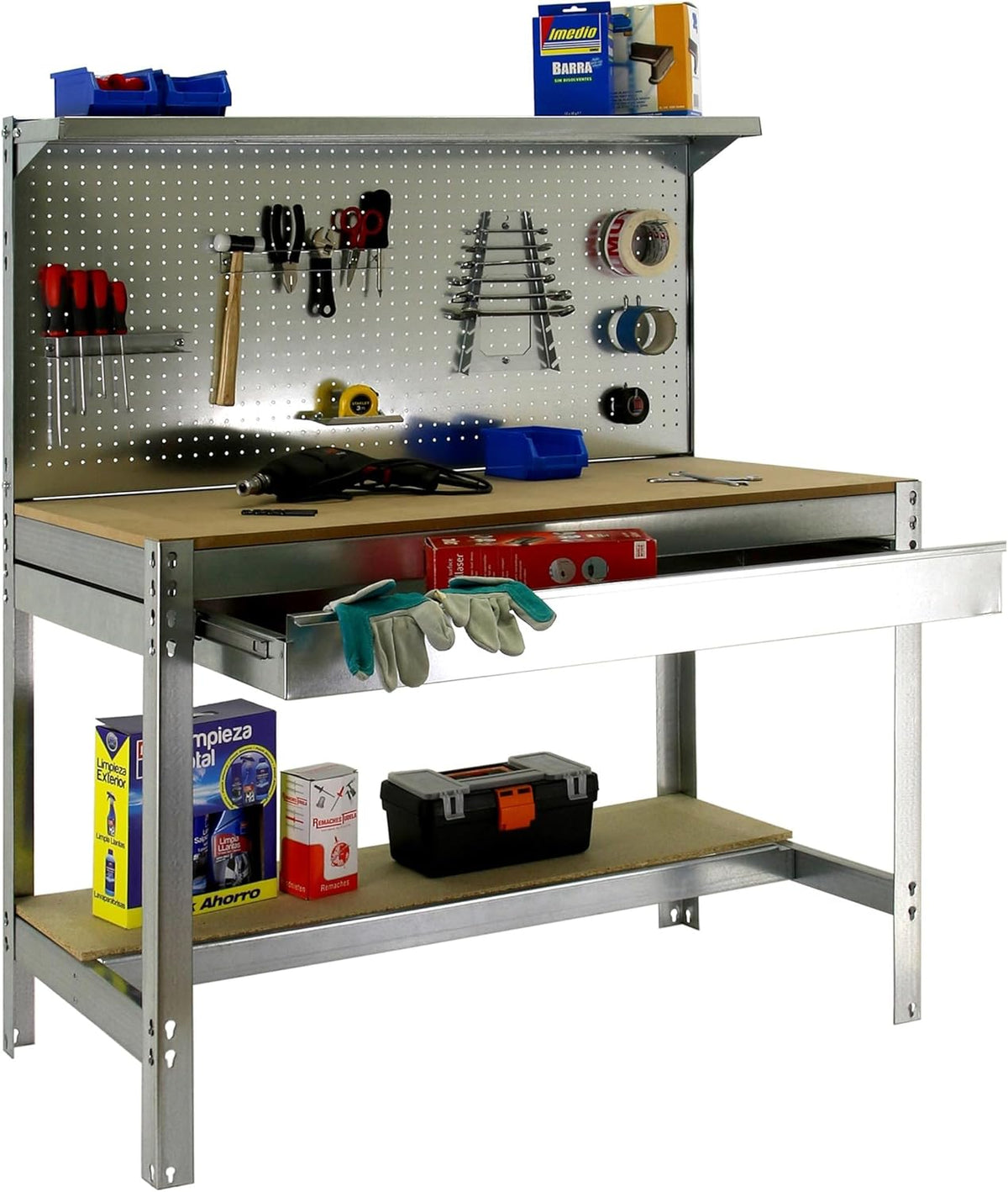 Simon Rack Sterke Werkbank met Lade, Bovenplank en Geperforeerd Paneel, 1445x910x610 mm, 400 kg Draagvermogen, Metalen Frame en Houten Werkblad, Compleet voor Werkplaats, Gegalvaniseerd/Hout – BT3