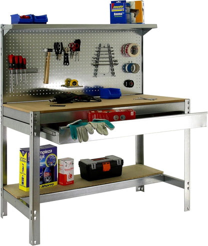 Simon Rack Sterke Werkbank met Lade, Bovenplank en Geperforeerd Paneel, 1445x910x610 mm, 400 kg Draagvermogen, Metalen Frame en Houten Werkblad, Compleet voor Werkplaats, Gegalvaniseerd/Hout – BT3
