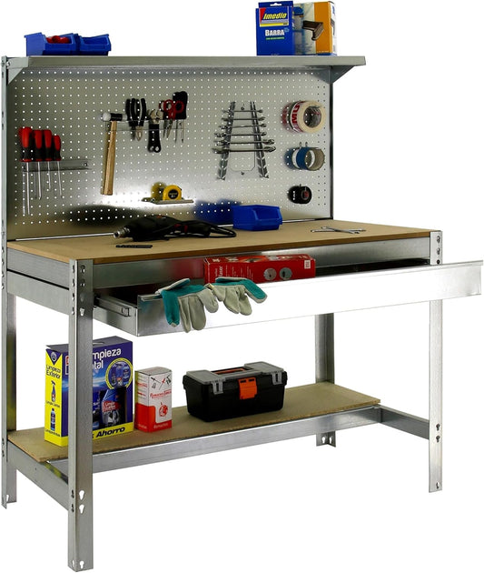 Simon Rack Sterke Werkbank met Lade, Bovenplank en Geperforeerd Paneel, 1445x910x610 mm, 400 kg Draagvermogen, Metalen Frame en Houten Werkblad, Compleet voor Werkplaats, Gegalvaniseerd/Hout – BT3