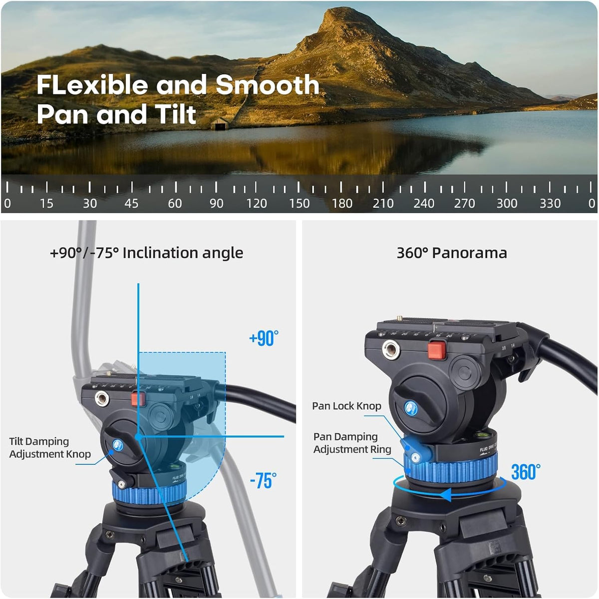 Camera Videostatief met Vloeistofkop – Driepootstatief, Tripod, Camerastatief, Camcorder Statief – Voor Camera, Camcorder En DSLR – Aluminiumlegering – 91 Tot 190 Cm Verstelbaar, Draagvermogen 10 Kg